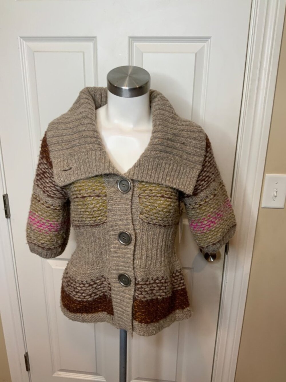 Free People Brown Multicolor Wool Button Up Knit Cardigan, Size XS